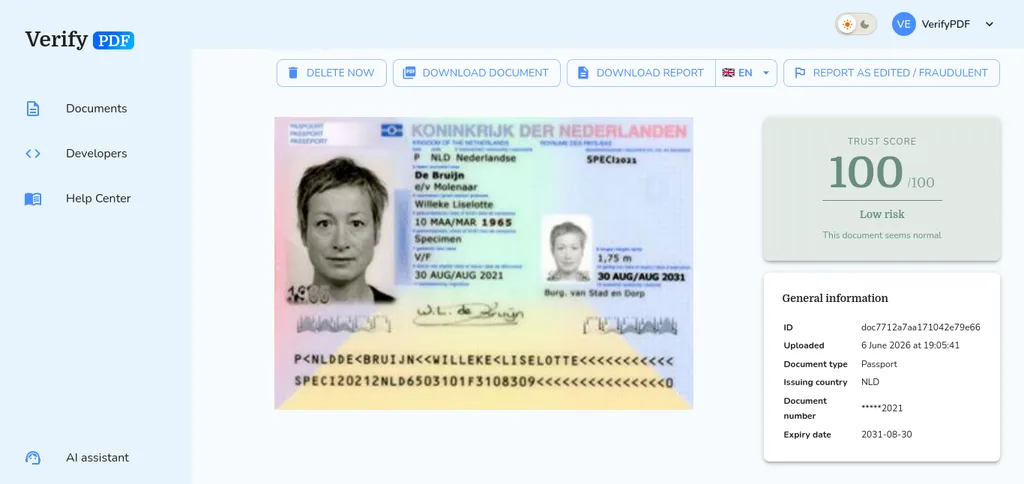 VerifyPDF identity document result showing the document type, issuing country, masked document number and expiry date