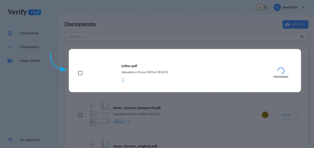 Each uploaded document starts with a processing spinner. Each row then updates on its own to Analyzed with a trust score and fraud-risk rating, or to Password-protected or Corrupted if the file cannot be read.